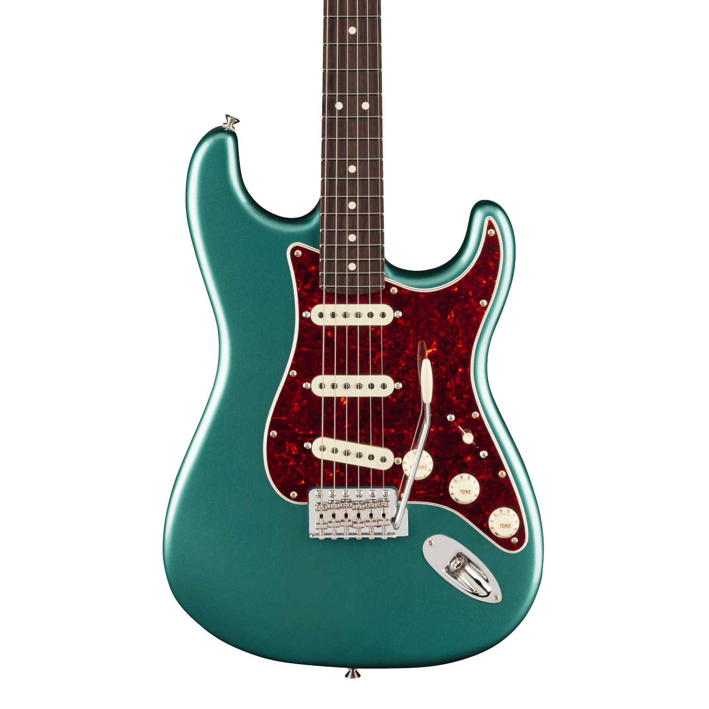 Front of Fender American Professional Classic Stratocaster Rosewood Faded Sherwood Green Metallic.
