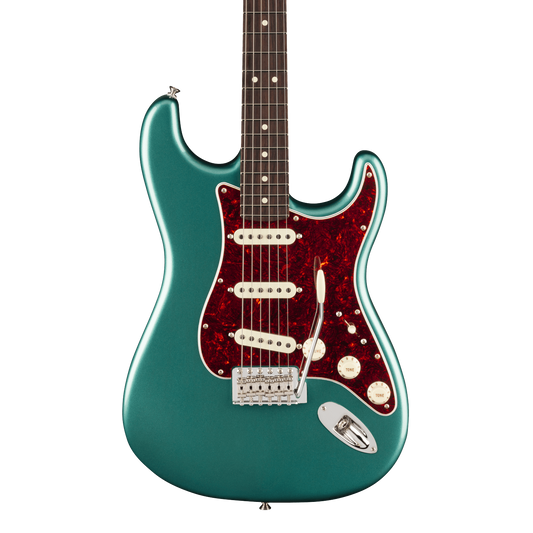 Front of Fender American Professional Classic Stratocaster Rosewood Faded Sherwood Green Metallic.