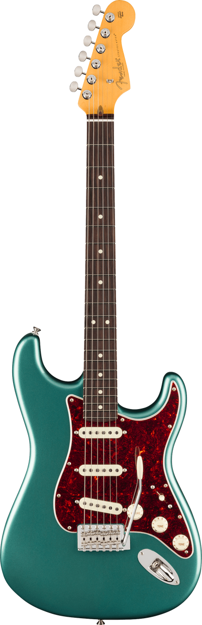 Full frontal of Fender American Professional Classic Stratocaster Rosewood Faded Sherwood Green Metallic.