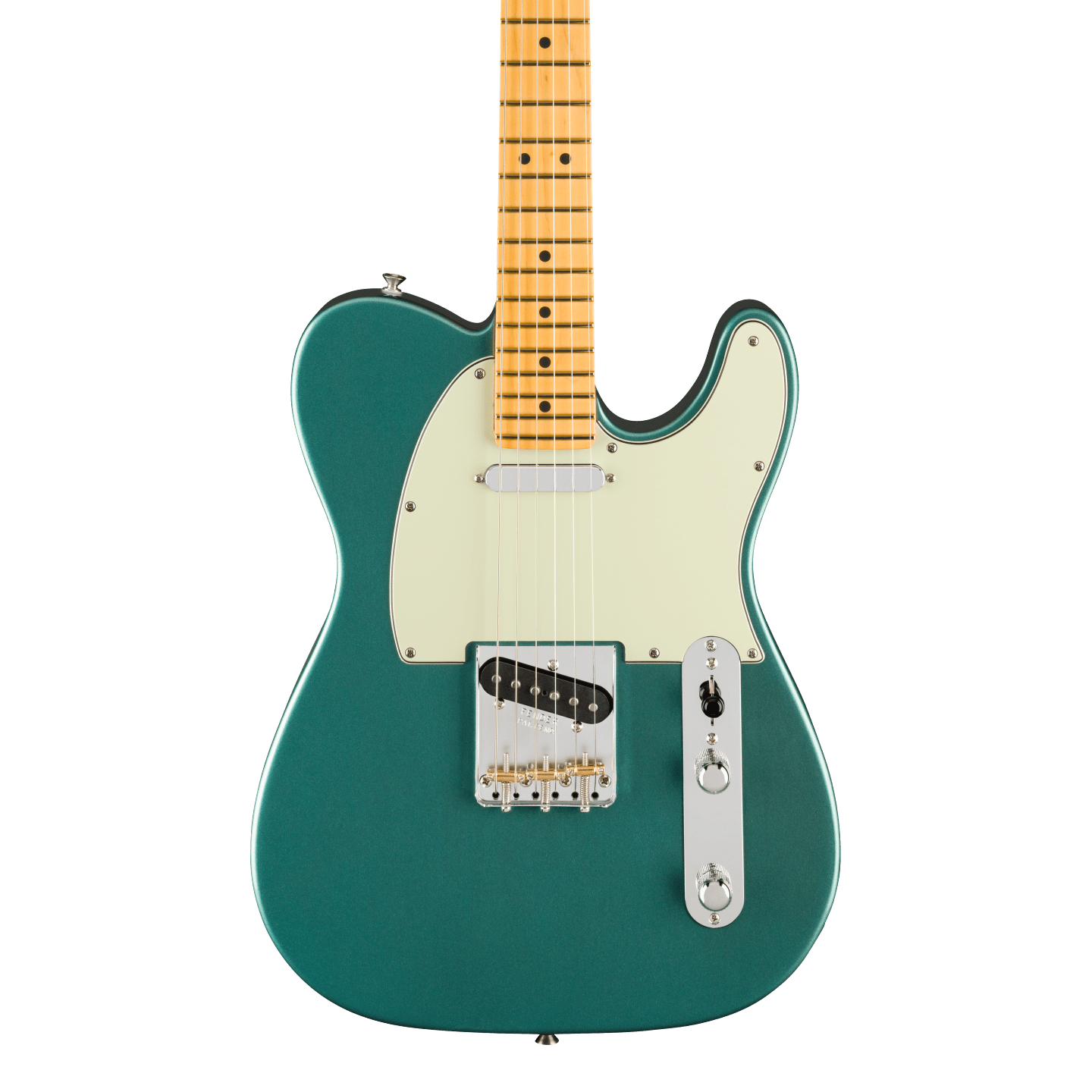 Front of Fender American Professional Classic Telecaster Maple Faded Sherwood Green Metallic.