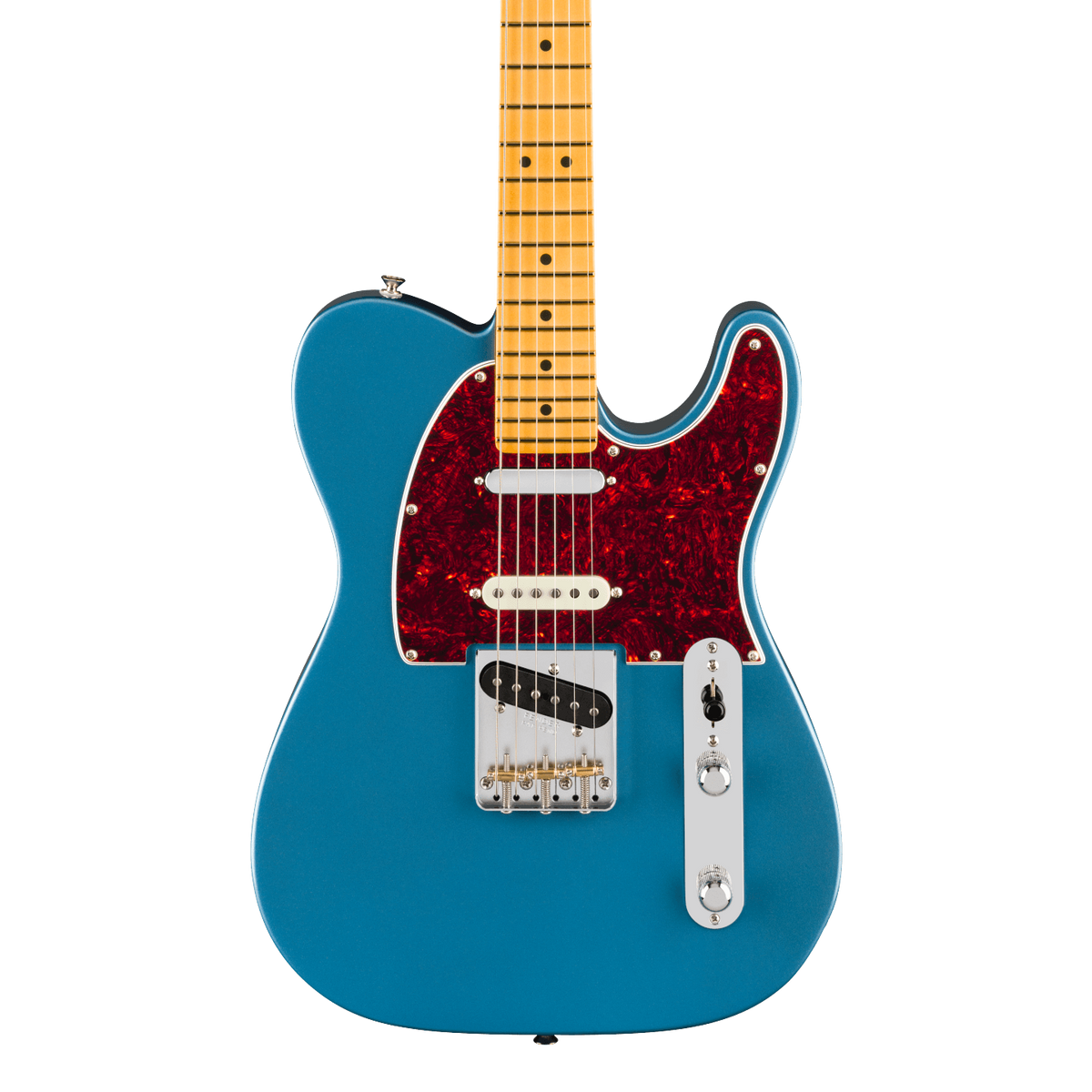 Front of Fender American Professional Classic Telecaster SSS Maple Faded Lake Placid Blue.