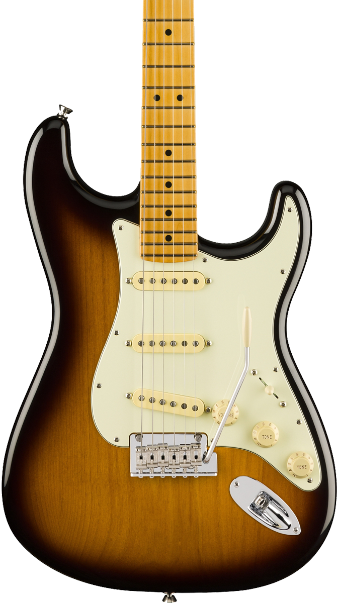 Front of Fender American Professional II Stratocaster MP Anniversary 2-Color Sunburst.