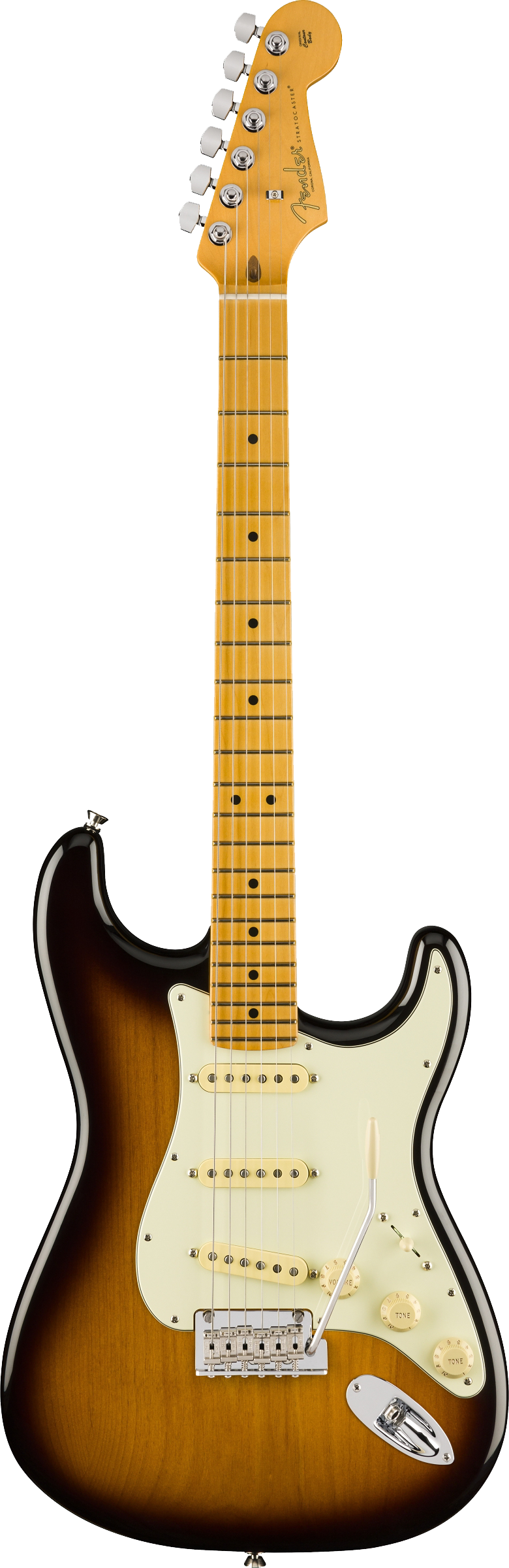 Full frontal of Fender American Professional II Stratocaster MP Anniversary 2-Color Sunburst.