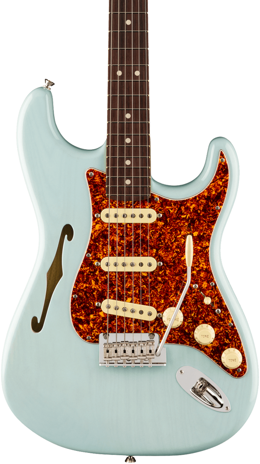 Front of Fender American Professional II Stratocaster Thinline RW Transparent Daphne Blue.