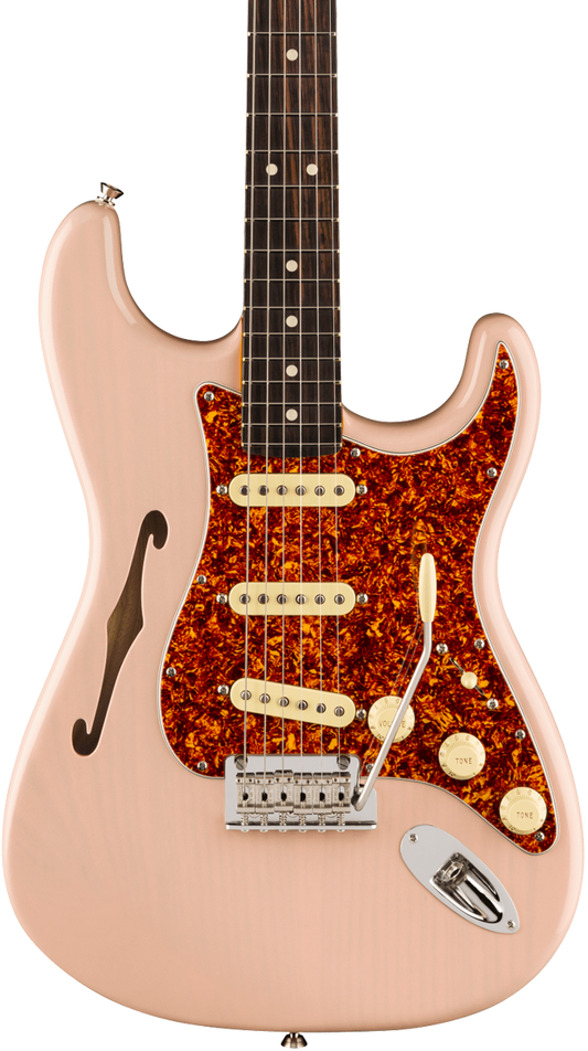 Front of Fender American Professional II Stratocaster Thinline RW Transparent Shell Pink.