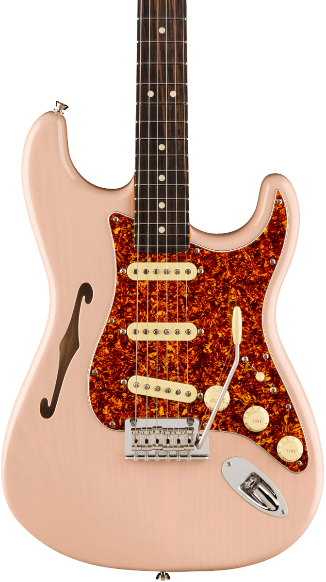 Front of Fender American Professional II Stratocaster Thinline RW Transparent Shell Pink.