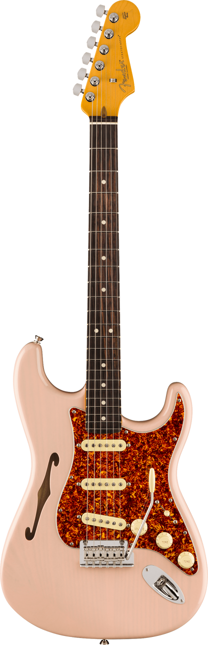 Full frontal of Fender American Professional II Stratocaster Thinline RW Transparent Shell Pink.