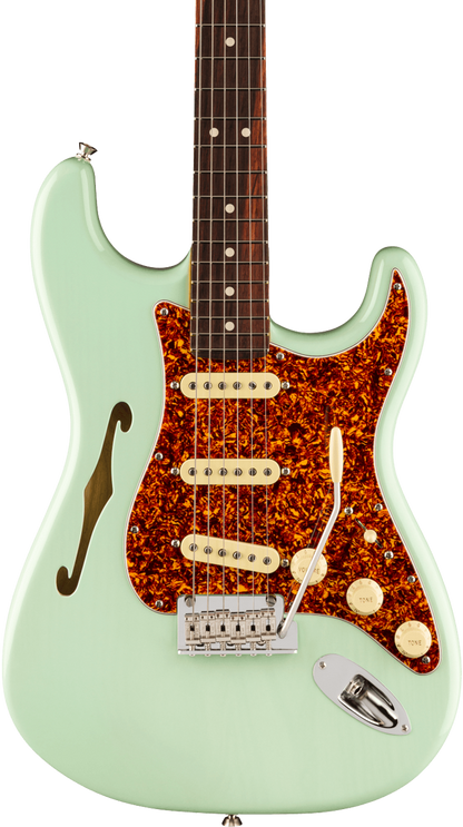 Front of Fender American Professional II Stratocaster Thinline RW Transparent Surf Green.