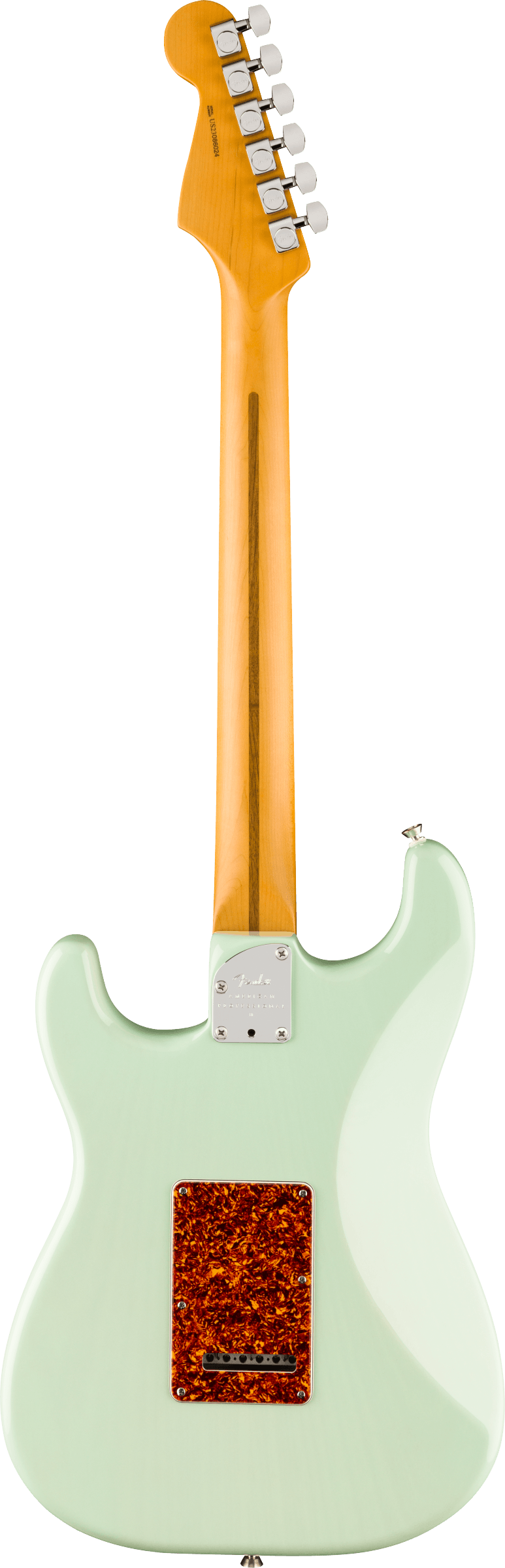 Back of Fender American Professional II Stratocaster Thinline RW Transparent Surf Green.