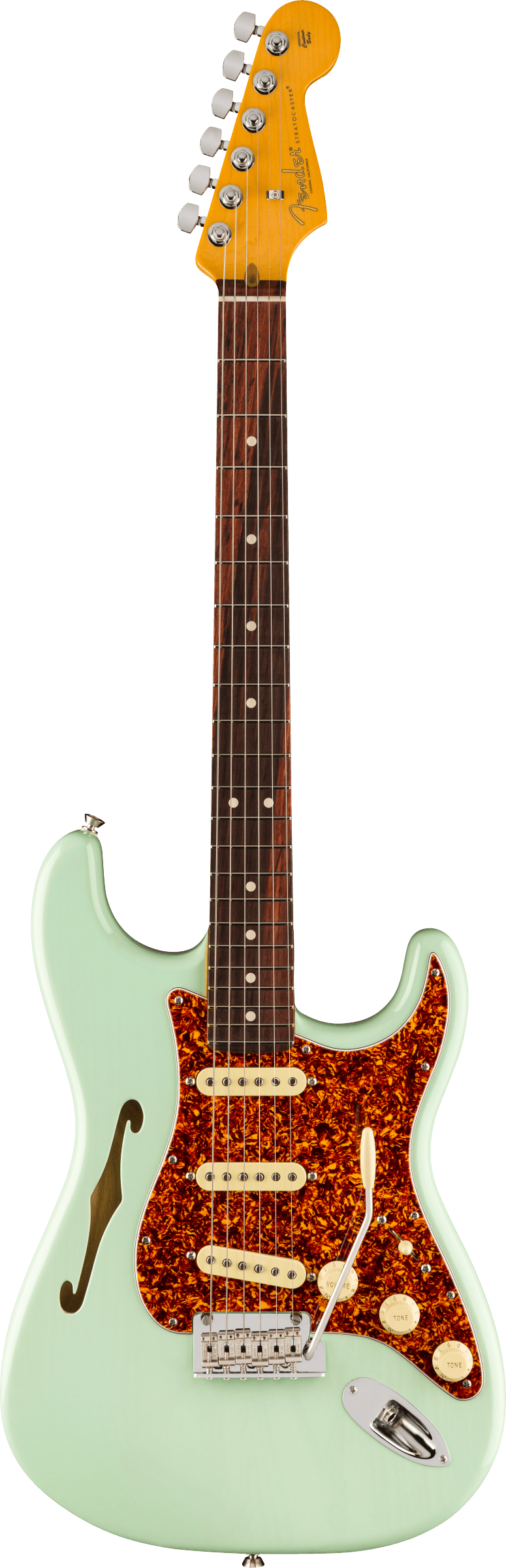 Full frontal of Fender American Professional II Stratocaster Thinline RW Transparent Surf Green.
