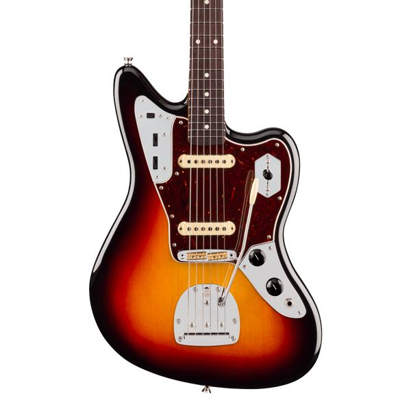 Front of Fender American Professional Jaguar Rosewood 3-Color Sunburst.