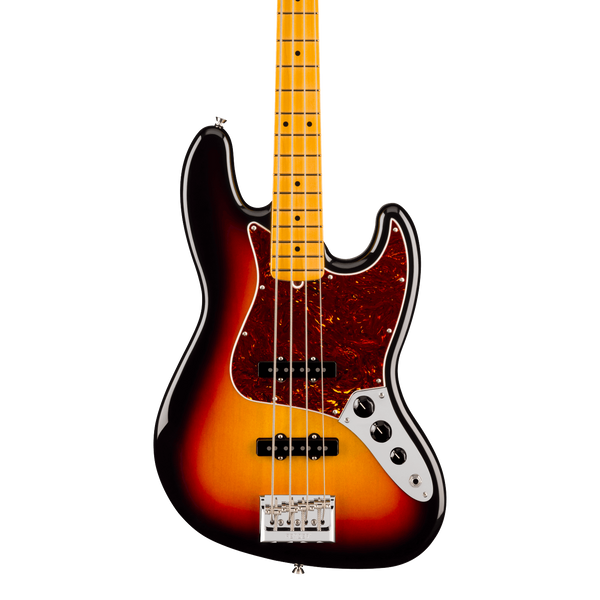 Front ofFender American Professional Jazz Bass Maple 3-Color Sunburst.