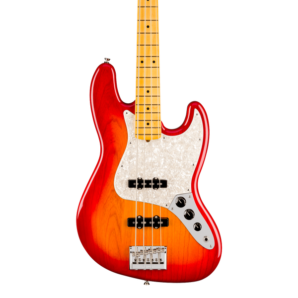 Front of Fender American Professional Jazz Bass Maple Aged Cherry Burst.