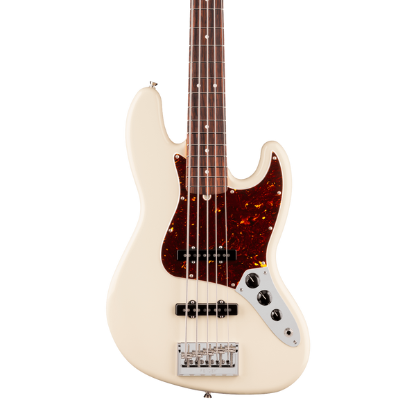 Front of Fender American Professional Jazz Bass V Rosewood Olympic White.