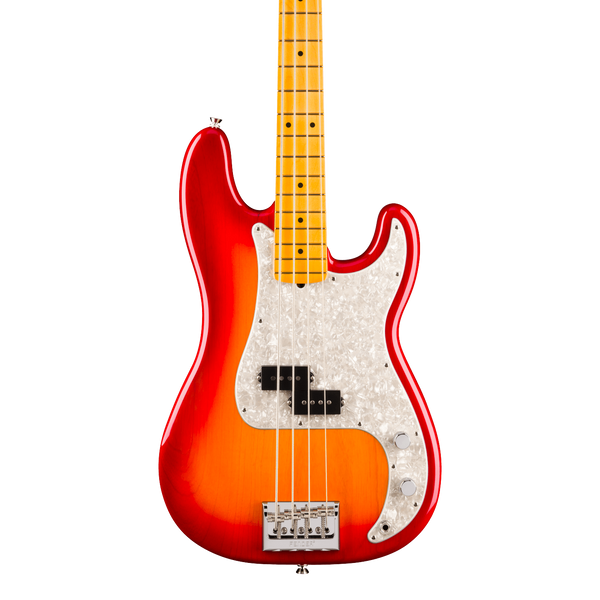 Front of Fender American Professional Precision Bass Maple Aged Cherry Burst.