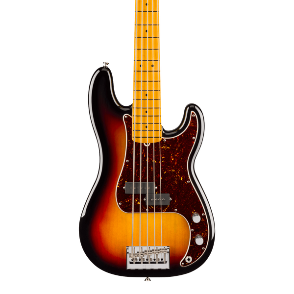 Front of Fender American Professional Precision Bass V Maple 3-Color Sunburst.