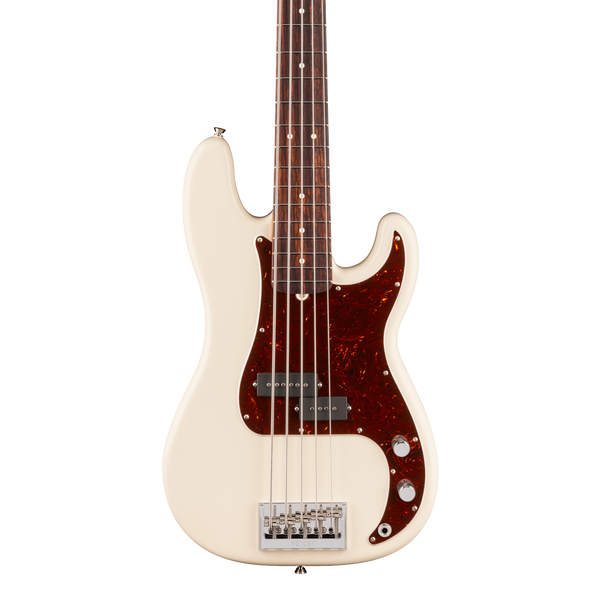 Front of Fender American Professional Precision Bass V Rosewood Olympic White.