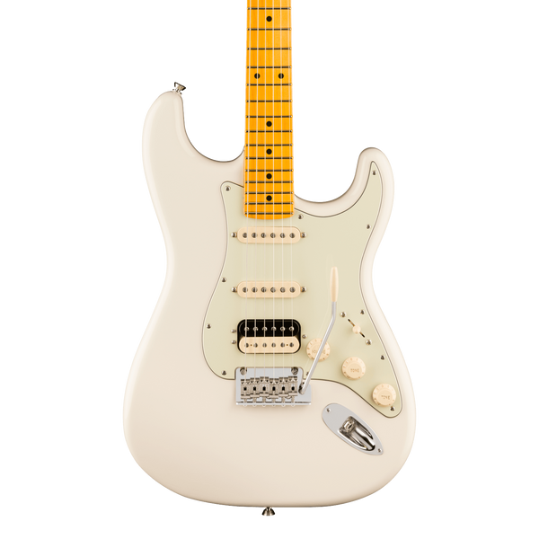 Front of Fender American Professional Stratocaster HSS Maple Olympic White.