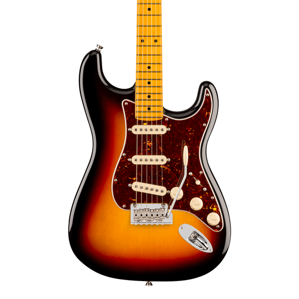 Front of Fender American Professional Stratocaster Maple 3-Color Sunburst.