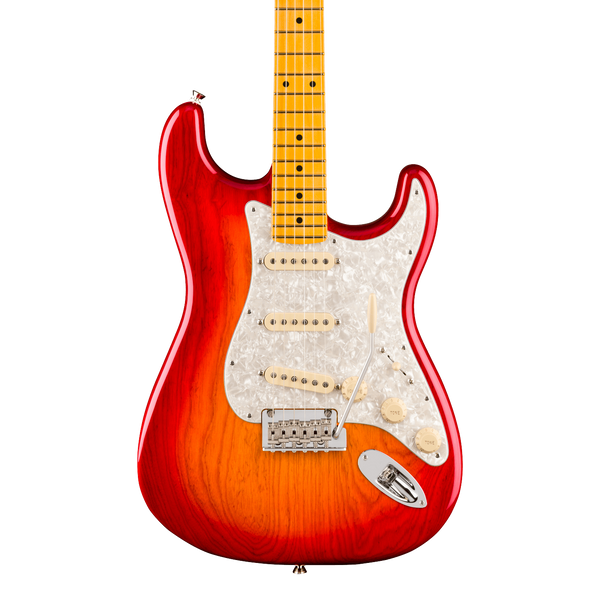 Front of Fender American Professional Stratocaster Maple Aged Cherry Burst.