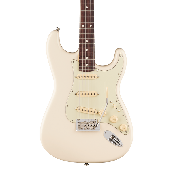 Front of Fender American Professional Stratocaster Rosewood Olympic White.