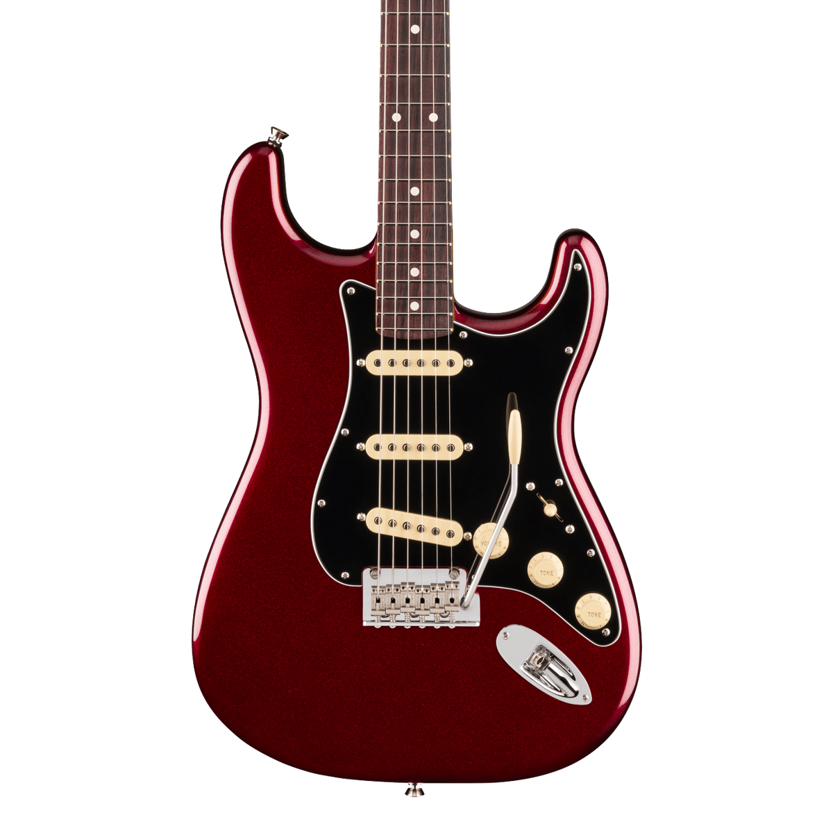 Front of Fender American Professional Stratocaster Rosewood Oxblood.