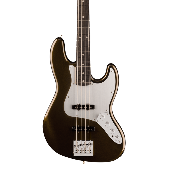 Front of Fender American Ultra II Jazz Bass Texas Tea Ebony.