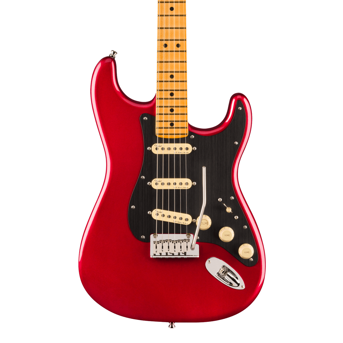 Front of Fender American Ultra II Stratocaster Sinister Red Maple.