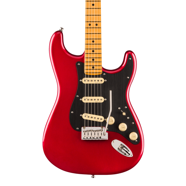 Front of Fender American Ultra II Stratocaster Sinister Red Maple.