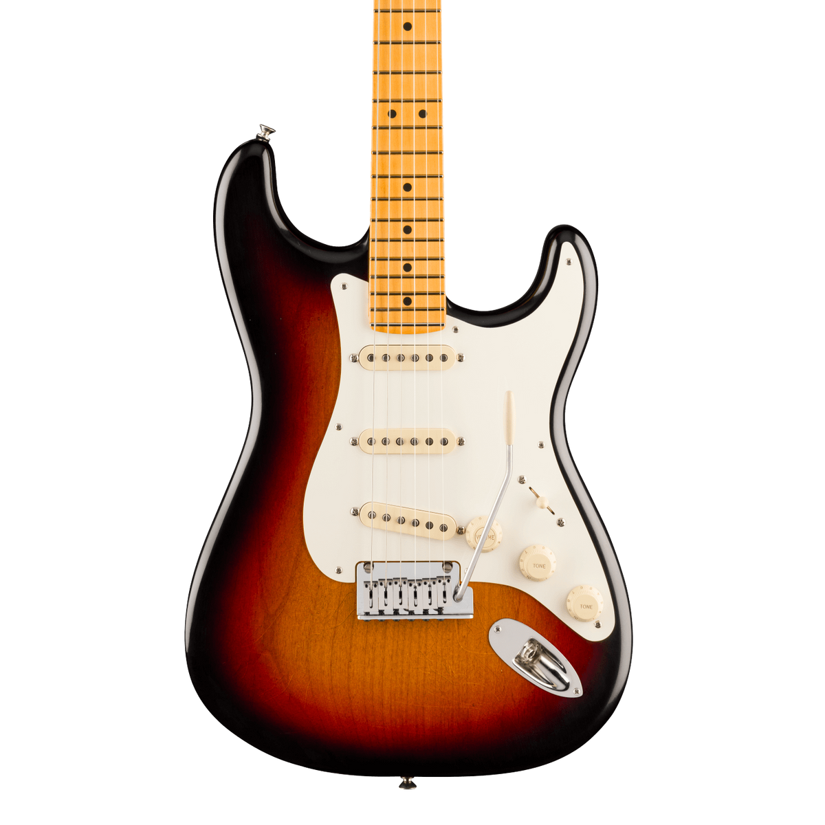 Front of Fender American Ultra Luxe '50s Stratocaster Maple 3-Color Sunburst.