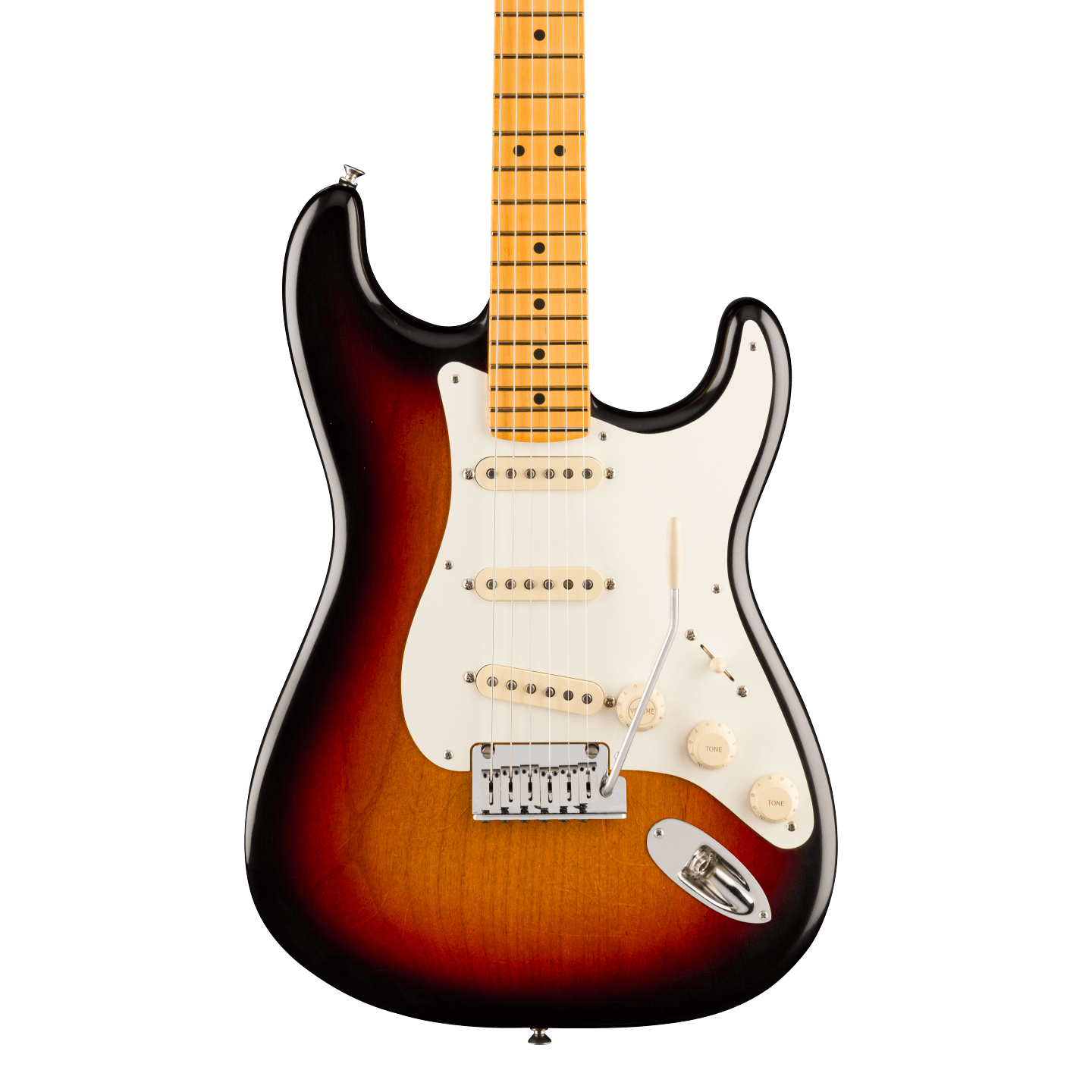 Front of Fender American Ultra Luxe '50s Stratocaster Maple 3-Color Sunburst.