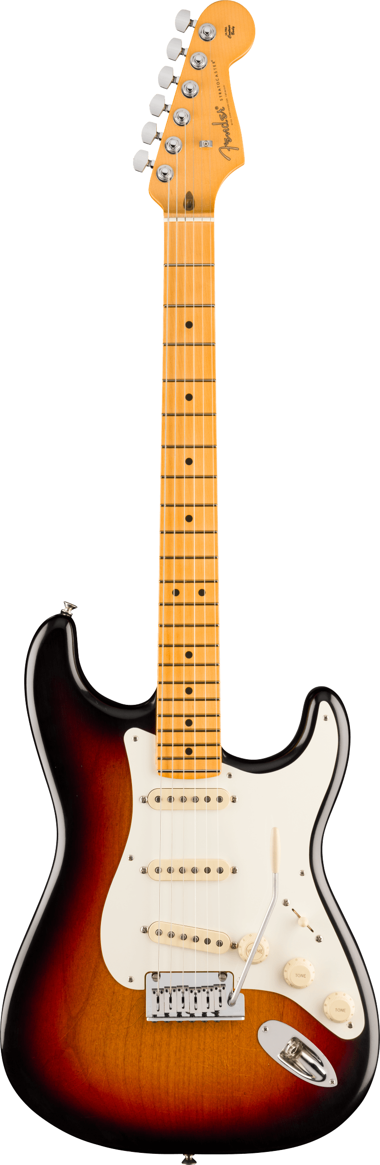 Full frontal of Fender American Ultra Luxe '50s Stratocaster Maple 3-Color Sunburst.