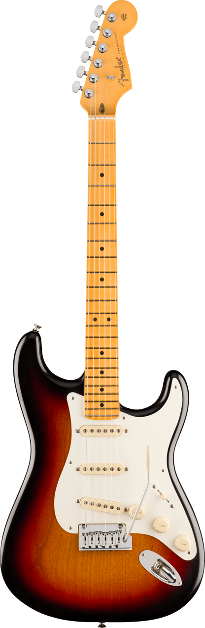 Full frontal of Fender American Ultra Luxe '50s Stratocaster Maple 3-Color Sunburst.