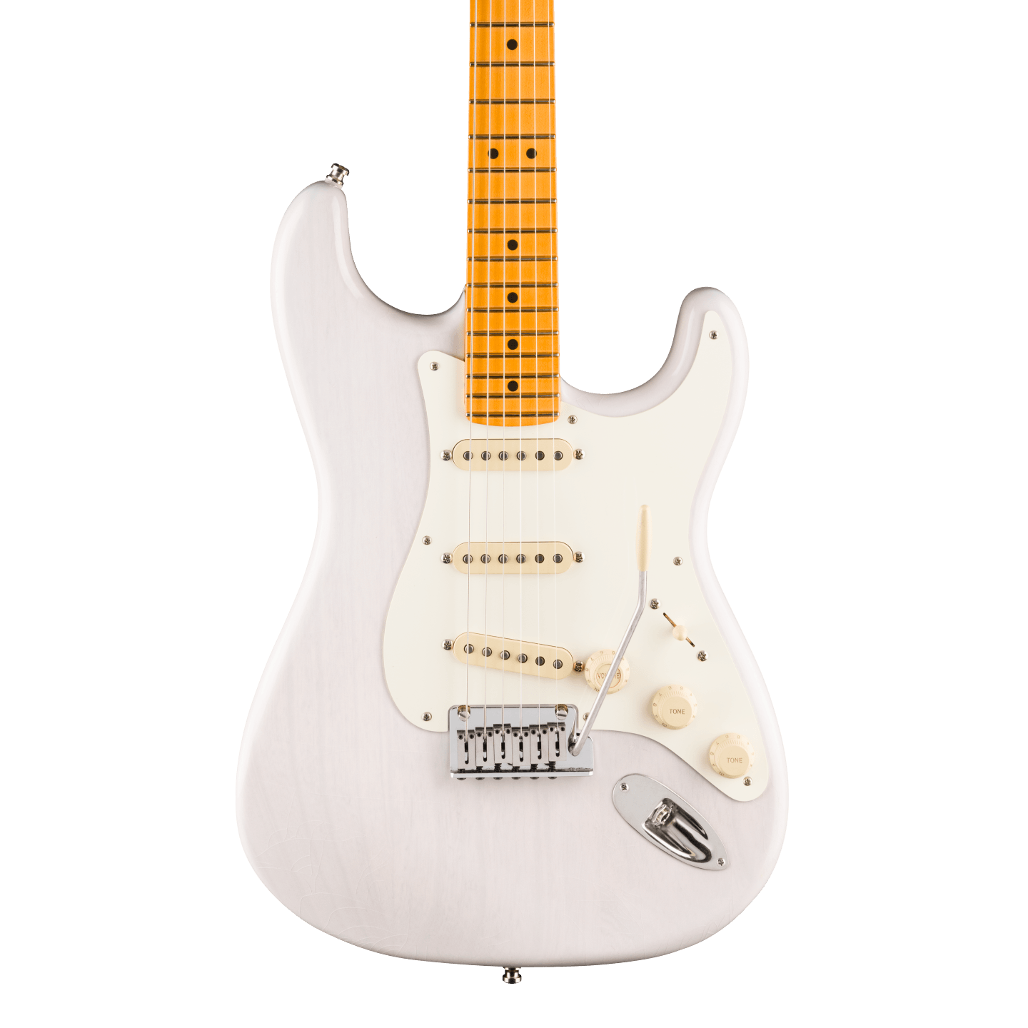 Front of Fender American Ultra Luxe '50s Stratocaster Maple White Blonde.