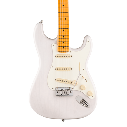 Front of Fender American Ultra Luxe '50s Stratocaster Maple White Blonde.
