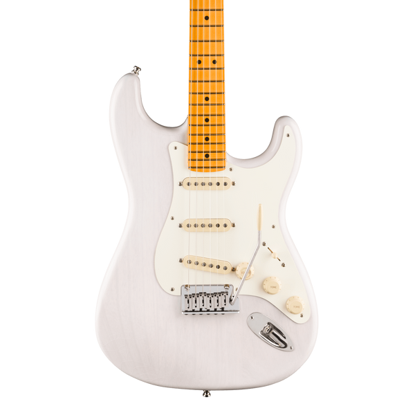 Front of Fender American Ultra Luxe '50s Stratocaster Maple White Blonde.
