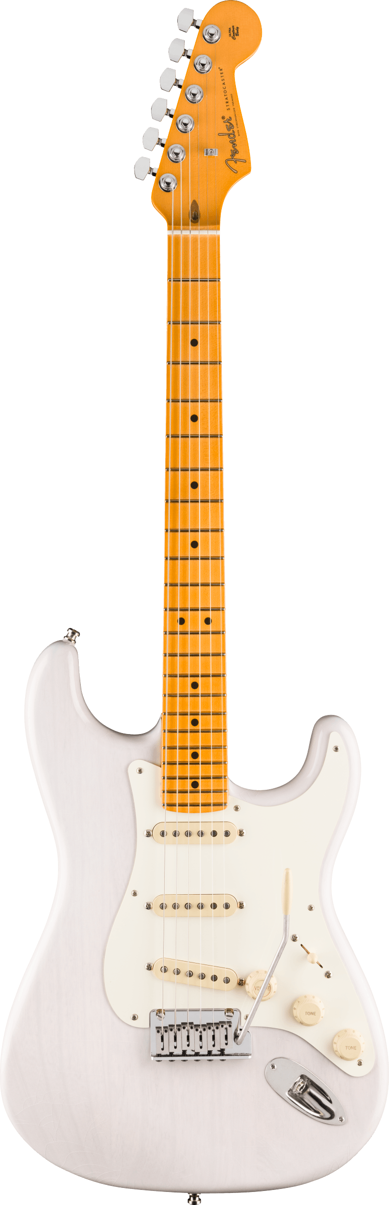 Full frontal of Fender American Ultra Luxe '50s Stratocaster Maple White Blonde.