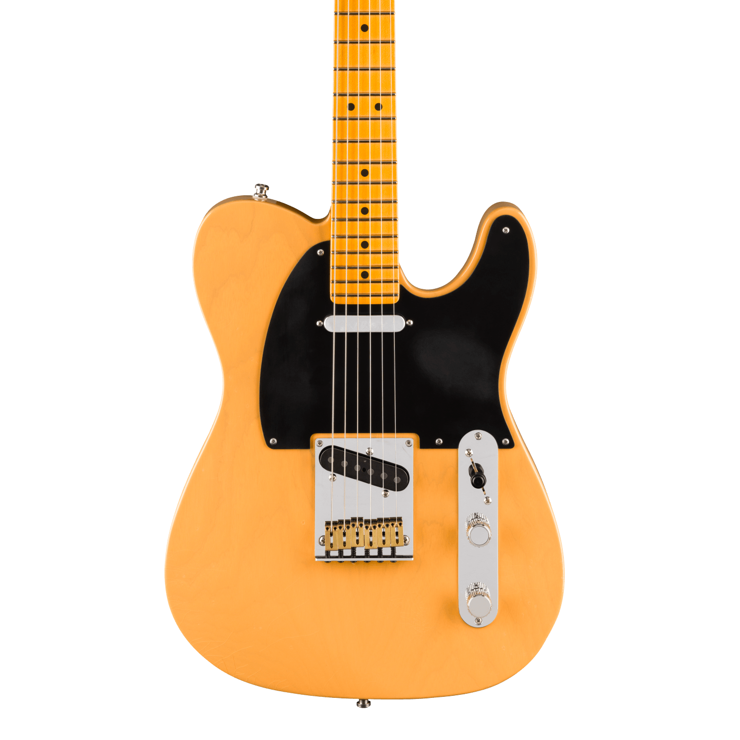 Front of Fender American Ultra Luxe '50s Telecaster Maple Butterscotch Blonde.