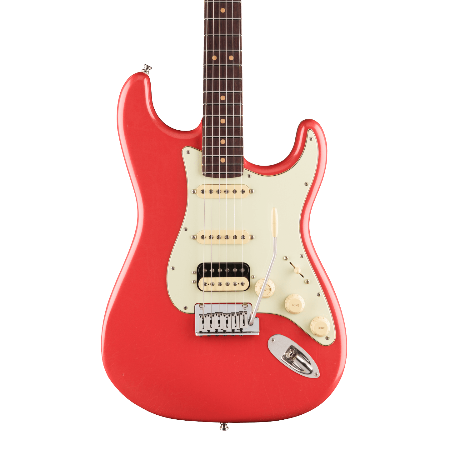 Front of Fender American Ultra Luxe '60s Stratocaster HSS Rosewood Fiesta Red.
