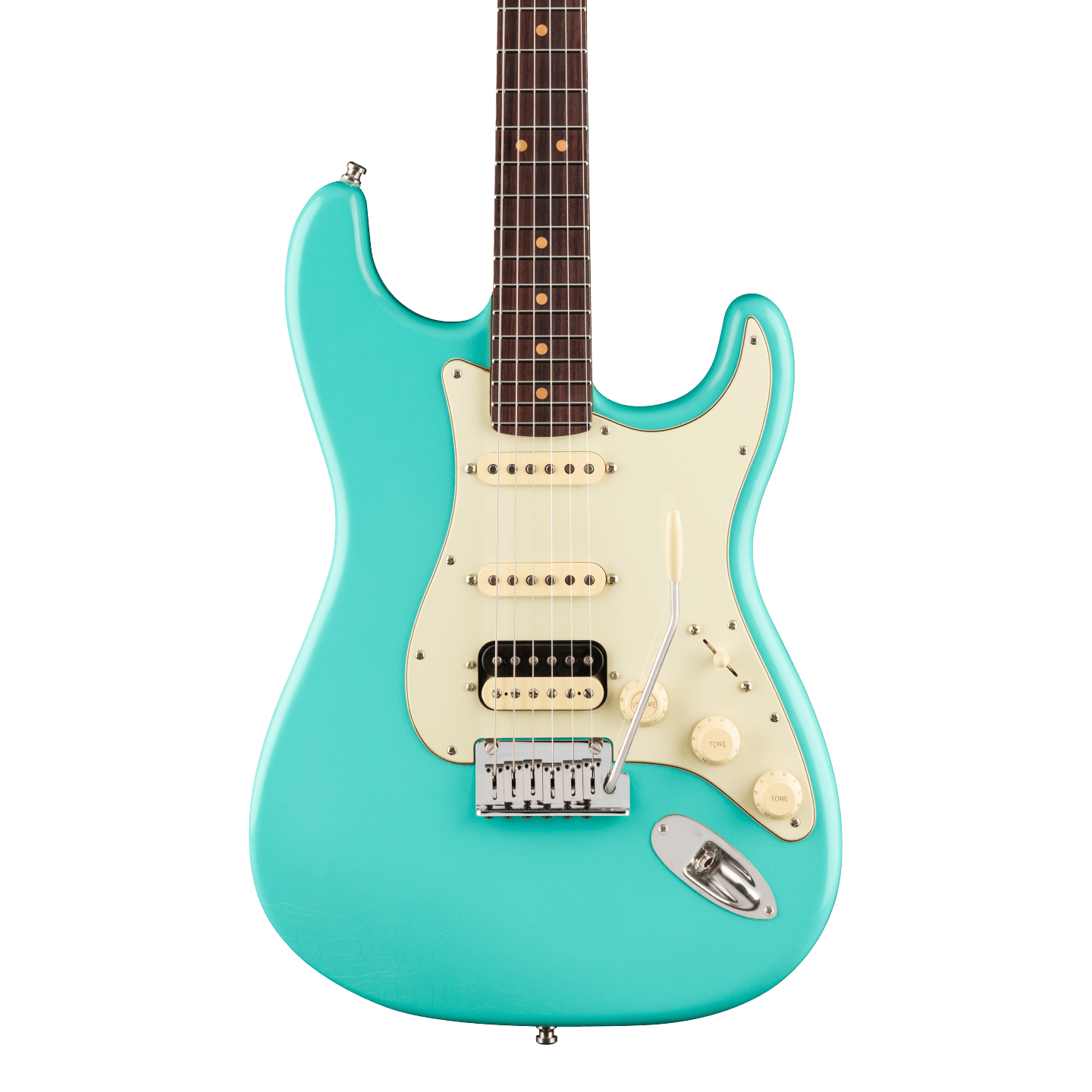 Front of Fender American Ultra Luxe '60s Stratocaster HSS Rosewood Sea Foam Green.