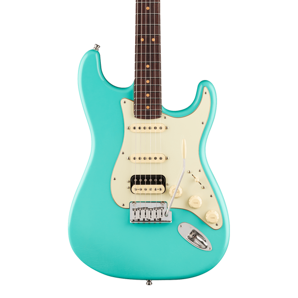 Front of Fender American Ultra Luxe '60s Stratocaster HSS Rosewood Sea Foam Green.