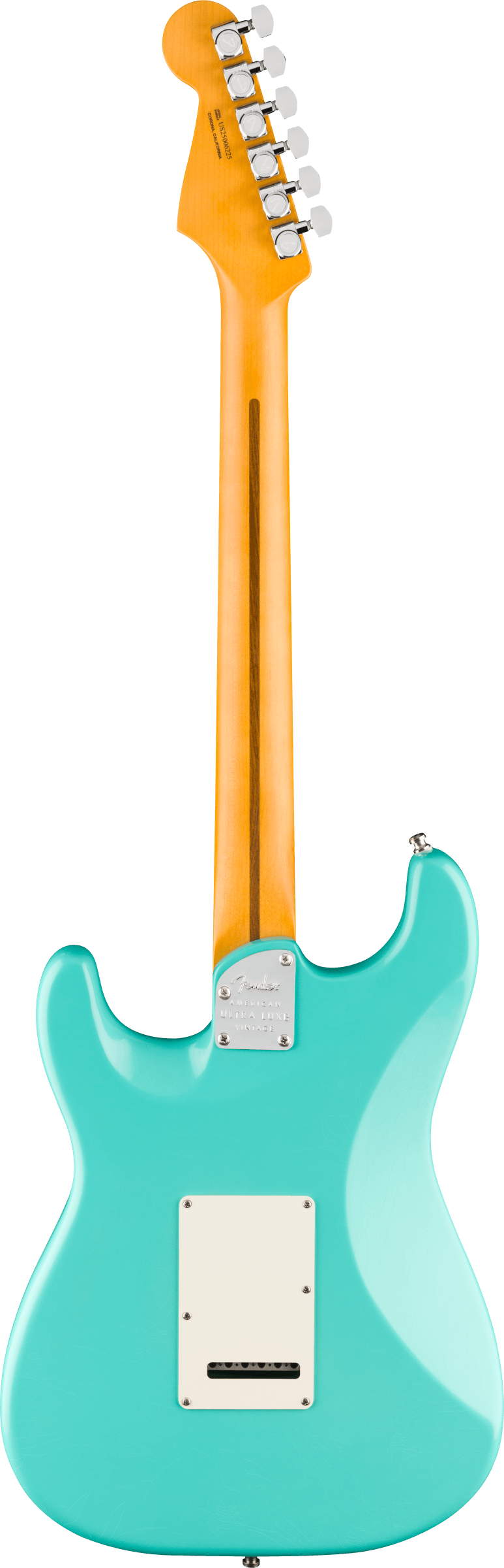 Back of Fender American Ultra Luxe '60s Stratocaster HSS Rosewood Sea Foam Green.