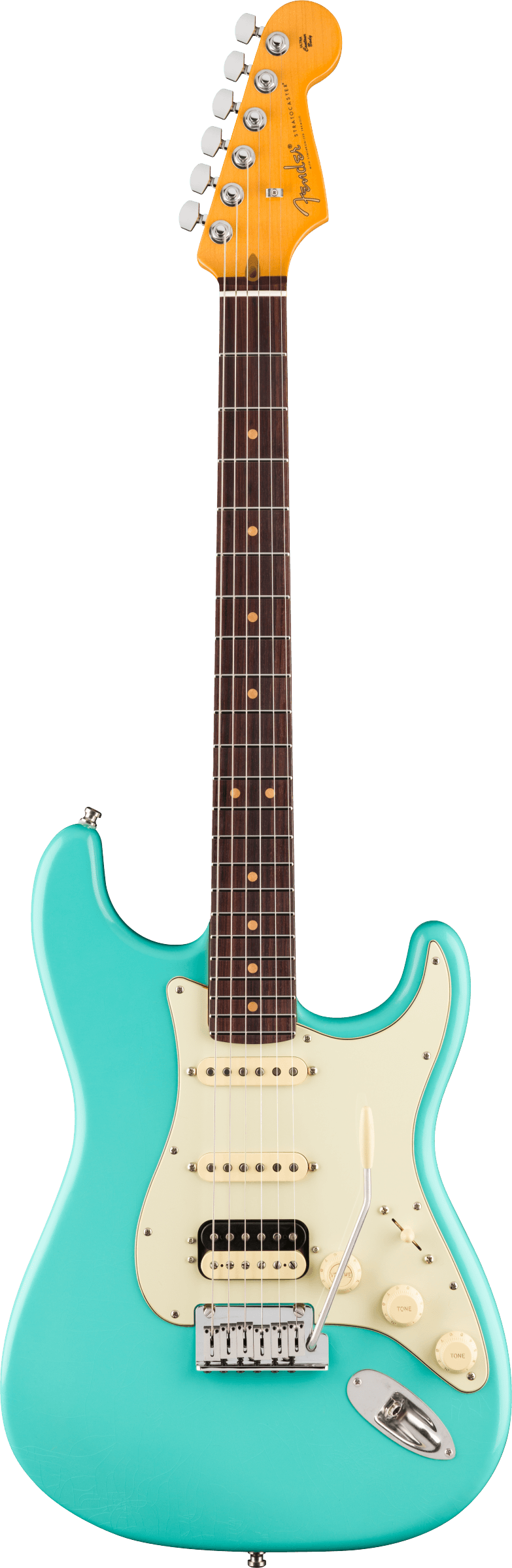 Full frontal of Fender American Ultra Luxe '60s Stratocaster HSS Rosewood Sea Foam Green.