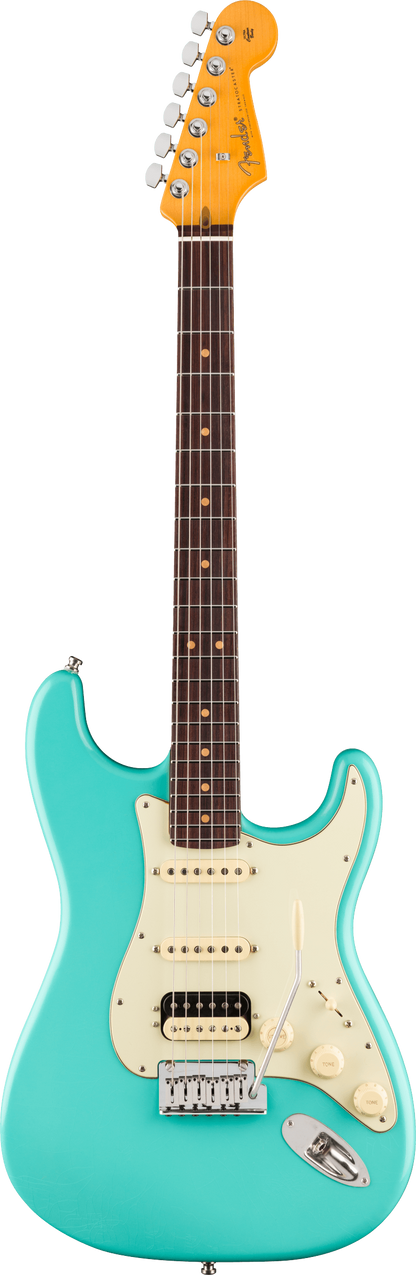 Full frontal of Fender American Ultra Luxe '60s Stratocaster HSS Rosewood Sea Foam Green.