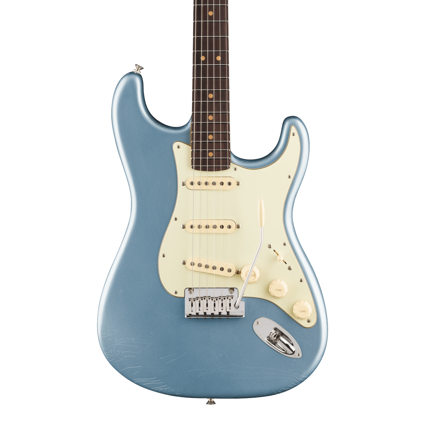 Full frontal of Fender American Ultra Luxe '60s Stratocaster Rosewood Ice Blue Metallic.