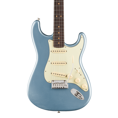 Full frontal of Fender American Ultra Luxe '60s Stratocaster Rosewood Ice Blue Metallic.
