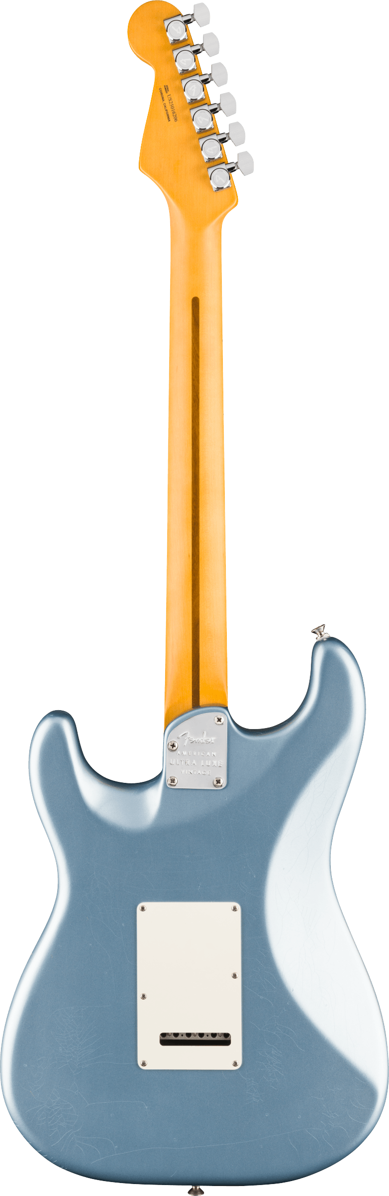 Back of Fender American Ultra Luxe '60s Stratocaster Rosewood Ice Blue Metallic.