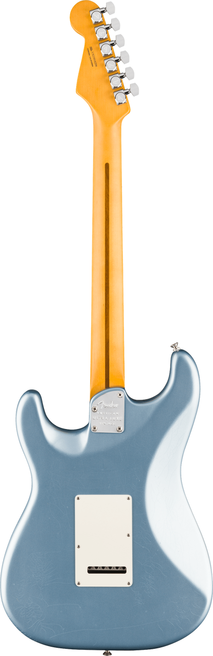 Back of Fender American Ultra Luxe '60s Stratocaster Rosewood Ice Blue Metallic.