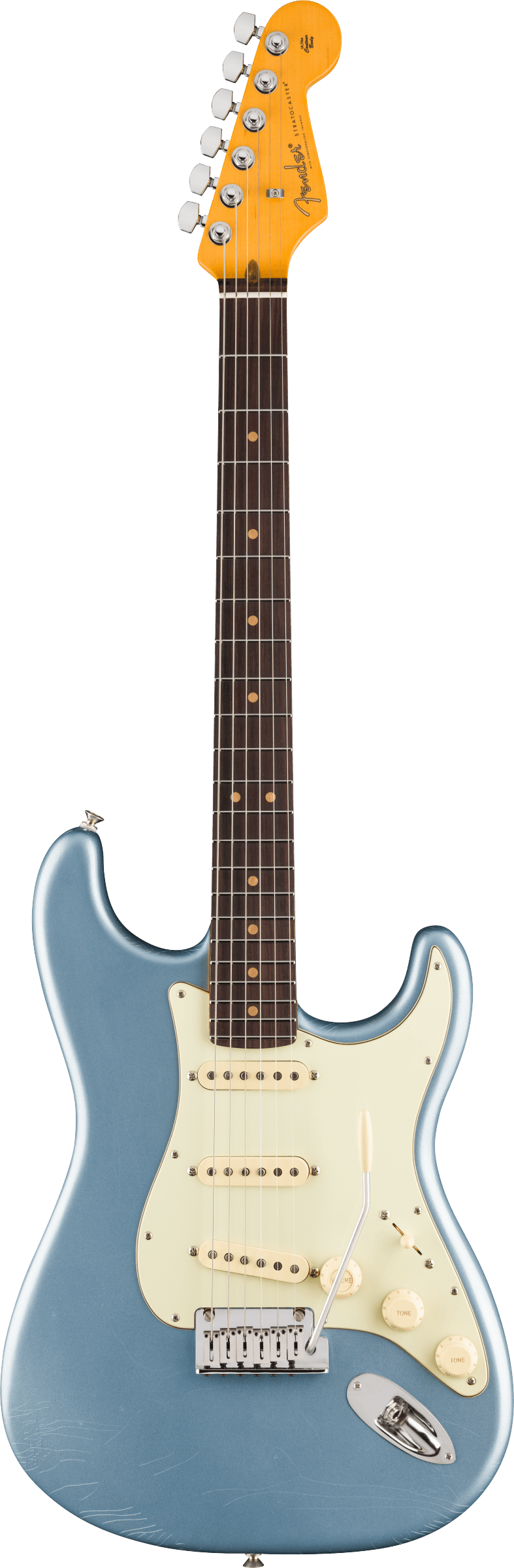 Full frontal of Fender American Ultra Luxe '60s Stratocaster Rosewood Ice Blue Metallic.