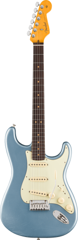 Full frontal of Fender American Ultra Luxe '60s Stratocaster Rosewood Ice Blue Metallic.